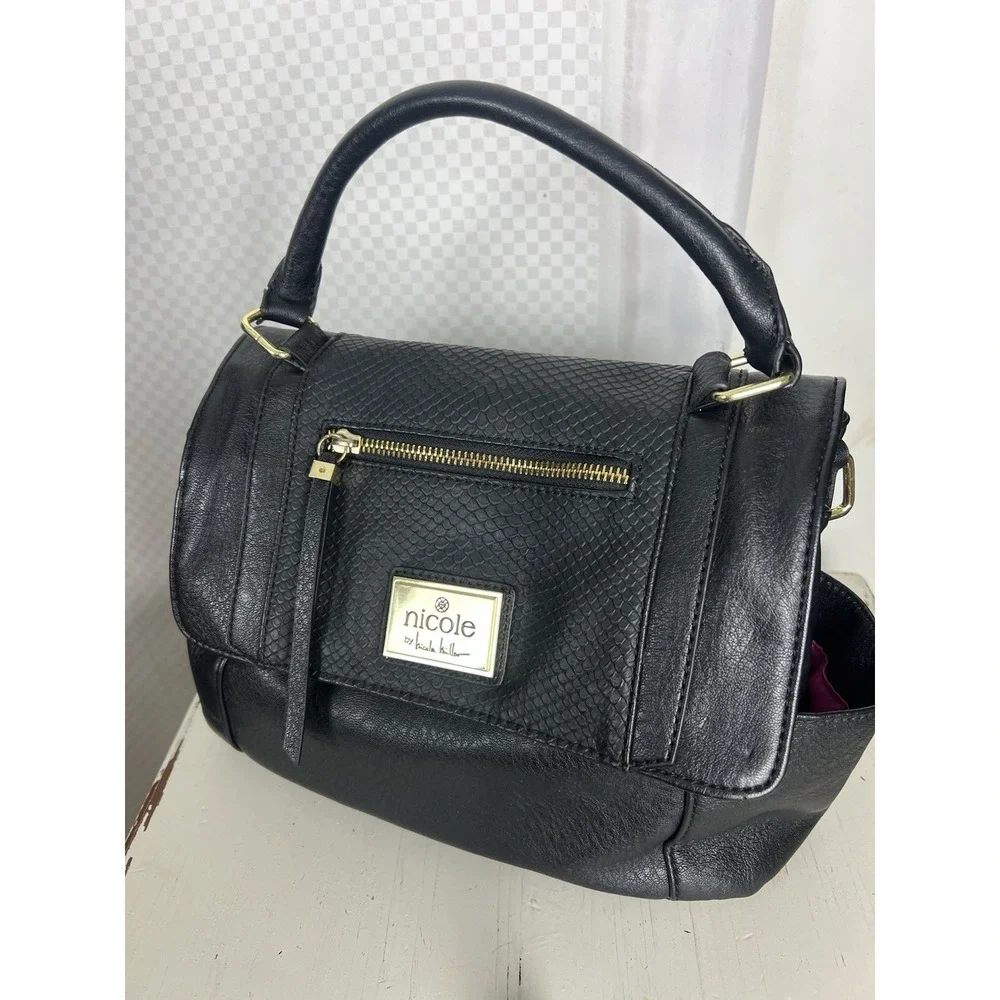 Nicole Miller Black Vegan Leather Hand‎ Satchel Bag Snake Skin Pink Lining